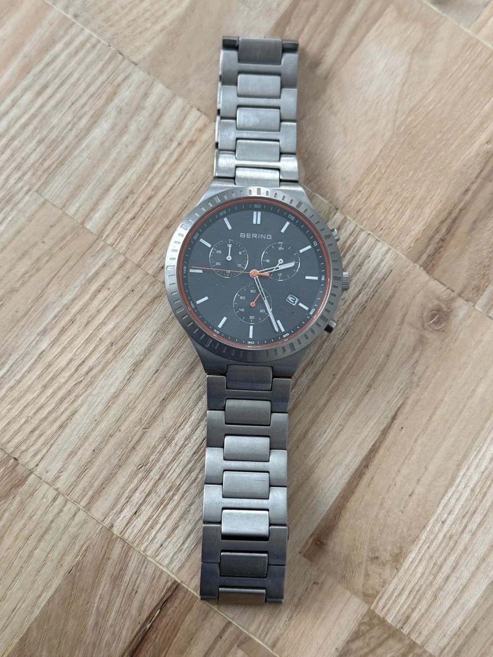 Bering Titanium Chronograph Mens Watch All Titanium Bracelet Case Black Dial
